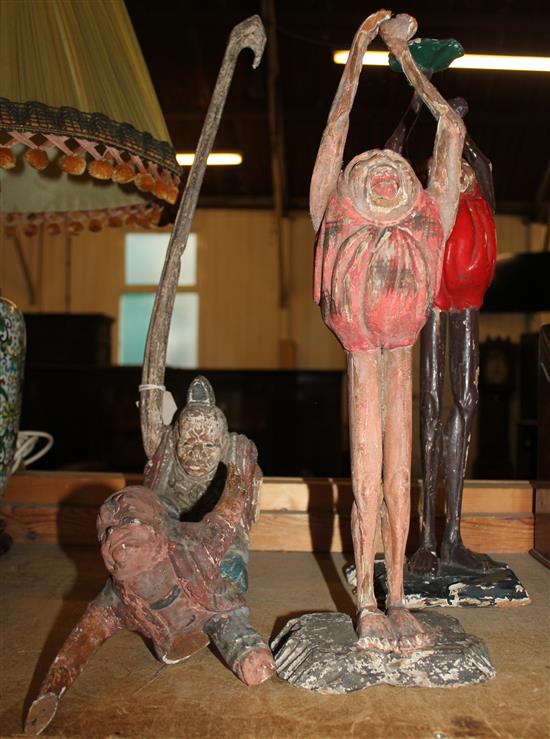 Two Japanese Nara carved and painted wood figures of Daruma, a similar seated Tenaga & another figure (all a.f)